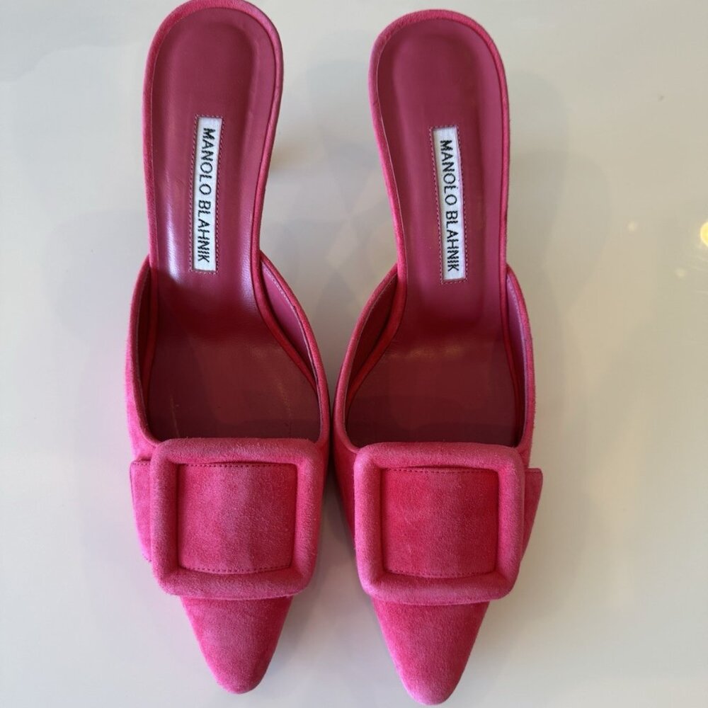 Manolo Blahnik Maysale Pink Suede Mule Kitten Heels Pumps